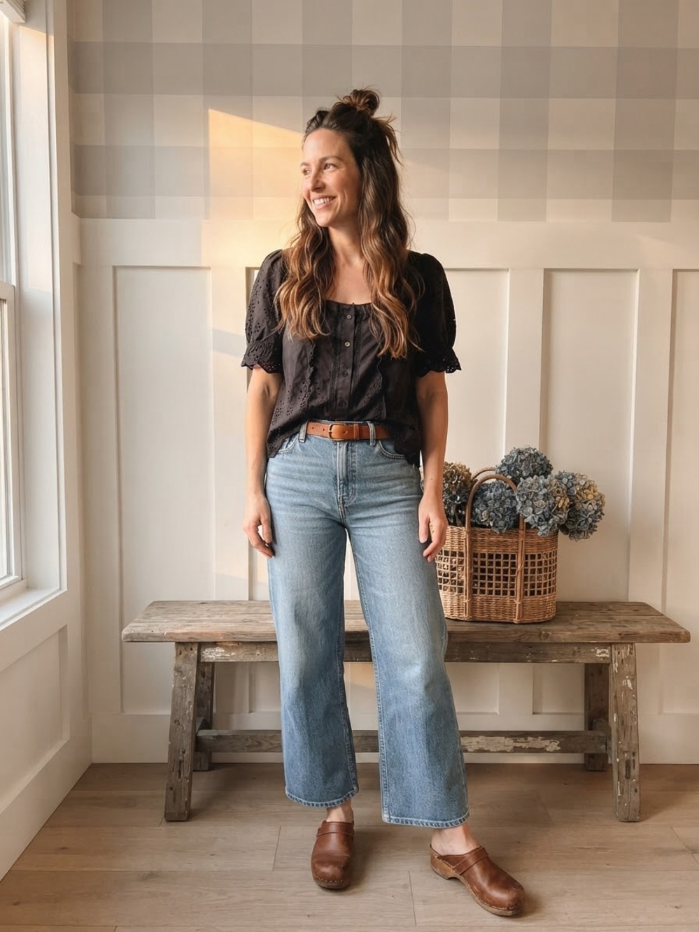Anthropologie Black Eyelet Square-Neck Puff Blouse
